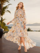 Irregular Hem Printed Chiffon Maxi Dress
