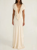 Elegant Plunge V-Neck Ruffle Satin Maxi Dress