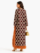 Exquisite Printed Feather-Trim Side-Slit Maxi Dress