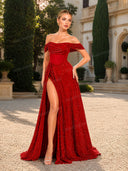 Glamorous Off-Shoulder Sequin Slit Maxi Dress