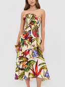 Tropical Botanical Print Strapless Dress