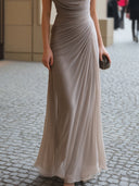 Elegant Draped Mock Neck Pleated Chiffon Maxi Dress