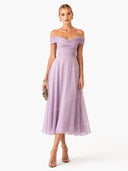 Elegant Peplum Pleated Chiffon Off The Shoulder Sleeveless A-Line Midi Dress