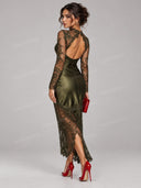 Elegant Sheer Lace Satin Bodycon Maxi Dress