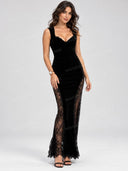 Sexy Velvet Lace Panel Bodycon Maxi Dress