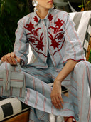 Embroidered Stripe Shirt & Flared Pants Two-Piece Set