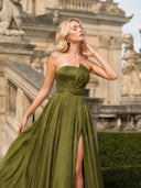 Elegant Strapless Pleated High-Slit Satin Maxi Dress