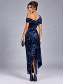 Elegant Pleated Printed Velvet Maxi Dress