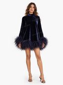 Elegant Mock Neck Feather Trim Velvet Mini Dress