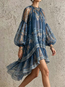 Retro Floral Sheer Sleeve Ruffle High-Low Dress