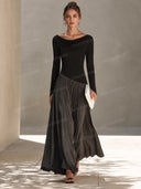 Draped Neck Long Sleeve Pleated Maxi Dress
