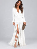 Elegant V Neck Bodysuit & Fringe Maxi Skirt Two Piece Set