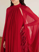 Exquisite Feather Trim Chiffon Cape Maxi Dress