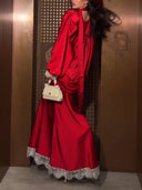 Elegant Puff Sleeve Satin Top & Lace Trim Maxi Skirt Two-Piece Set