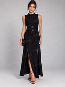 Elegant High Neck Belted Slit Maxi Dress