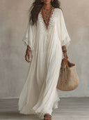 Elegant Batwing Sleeve Lace Flowy Maxi Dress