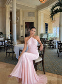 Elegant Halter-neck Draped Satin Train Maxi Dress