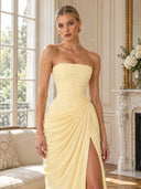 Strapless Pleated Slit Maxi Dress