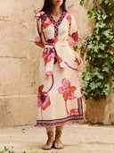 Boho Large Floral Print V‑Neck Belted Fringe Midi Dress