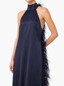 Elegant Satin Halter Feather-Trim Maxi Dress
