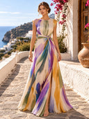 Elegant Abstract Watercolor Print Ruched Waist Maxi Dress