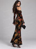 Elegant Floral Velvet Off Shoulder Maxi Dress