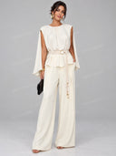 Elegant Cape Sleeve Peplum Top & Wide Leg Pants Two Piece Set