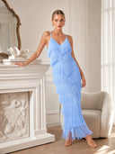 Elegant V-Neck Tiered Fringe Maxi Dress