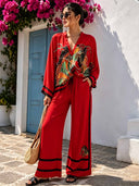 Elegant Horse Print Satin Kimono Top & Pants Two-Piece Set