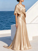 Elegant Asymmetric One Shoulder Pleated Draped Maxi Dress