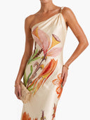 Elegant One-Shoulder Floral Print Satin Maxi Dress
