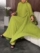 Elegant Pleated Floral Cuff Maxi Dress