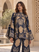 Retro Baroque Print High Neck Batwing Sleeve Two-Piece Set