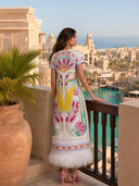 Art Nouveau Floral Feather Hem Midi Dress