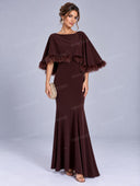 Elegant Feather Trim Cape Sleeve Mermaid Maxi Dress