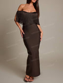 Elegant Off Shoulder Fringe Bodycon Maxi Dress