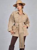 Western Fringe Belted Shirt Jacket