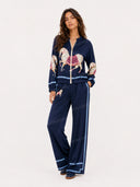 Exquisite Satin Horse Print Zip Jacket & Wide-Leg Pants Two-Piece Set