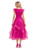 Elegant Organza Pleated Waist Ruffle Midi Dress