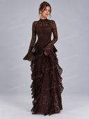 Elegant High Neck Lace Ruffle Maxi Dress