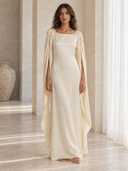 Boat Neck Cape Sleeve Satin Maxi Dress