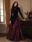 Elegant Velvet Satin Color-blocked Maxi Dress