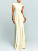 Elegant High-Neck Cap Sleeve Ruched Satin Maxi Dress