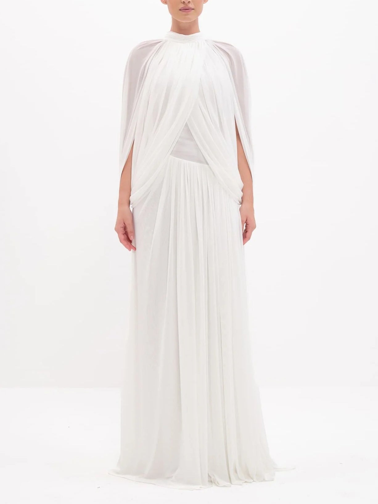 Elegant Draped Cape Sleeve Pleated Maxi Dress