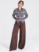Plaid Waist Shaping Shirt Wide Leg Pants Two Piece Set