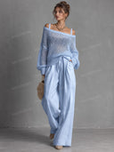 Open Knit Sweater & Wide Leg Pants Set