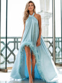 Elegant Halter Neck Sleeveless Feather Trim Satin Maxi Dress