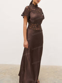 Elegant Lace Satin Panel High Neck Maxi Dress