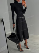 Elegant Mock Neck Bodysuit & Wide Leg Pants Two Piece Set