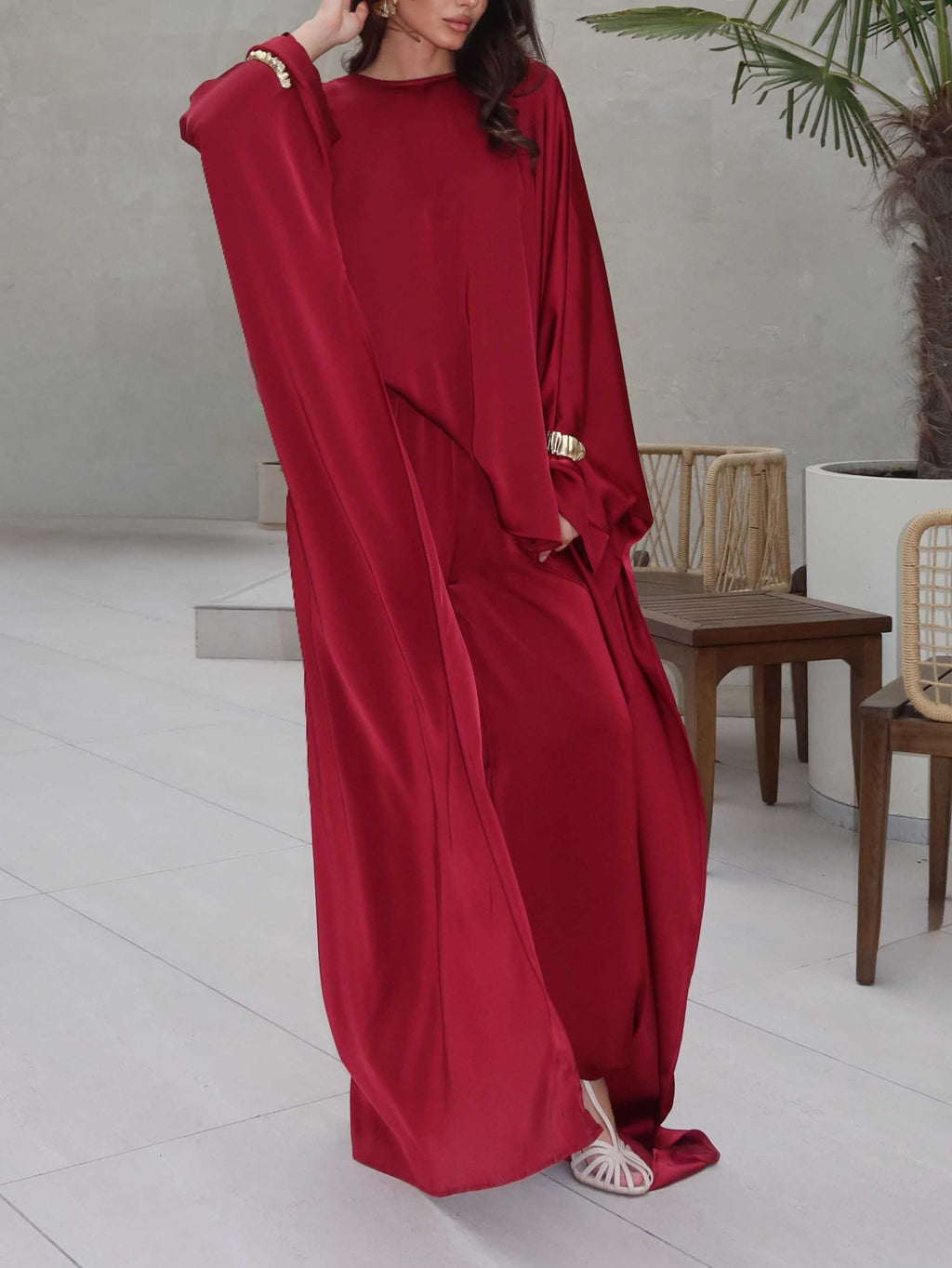 Elegant Satin Batwing Sleeve Top Two-Piece Set